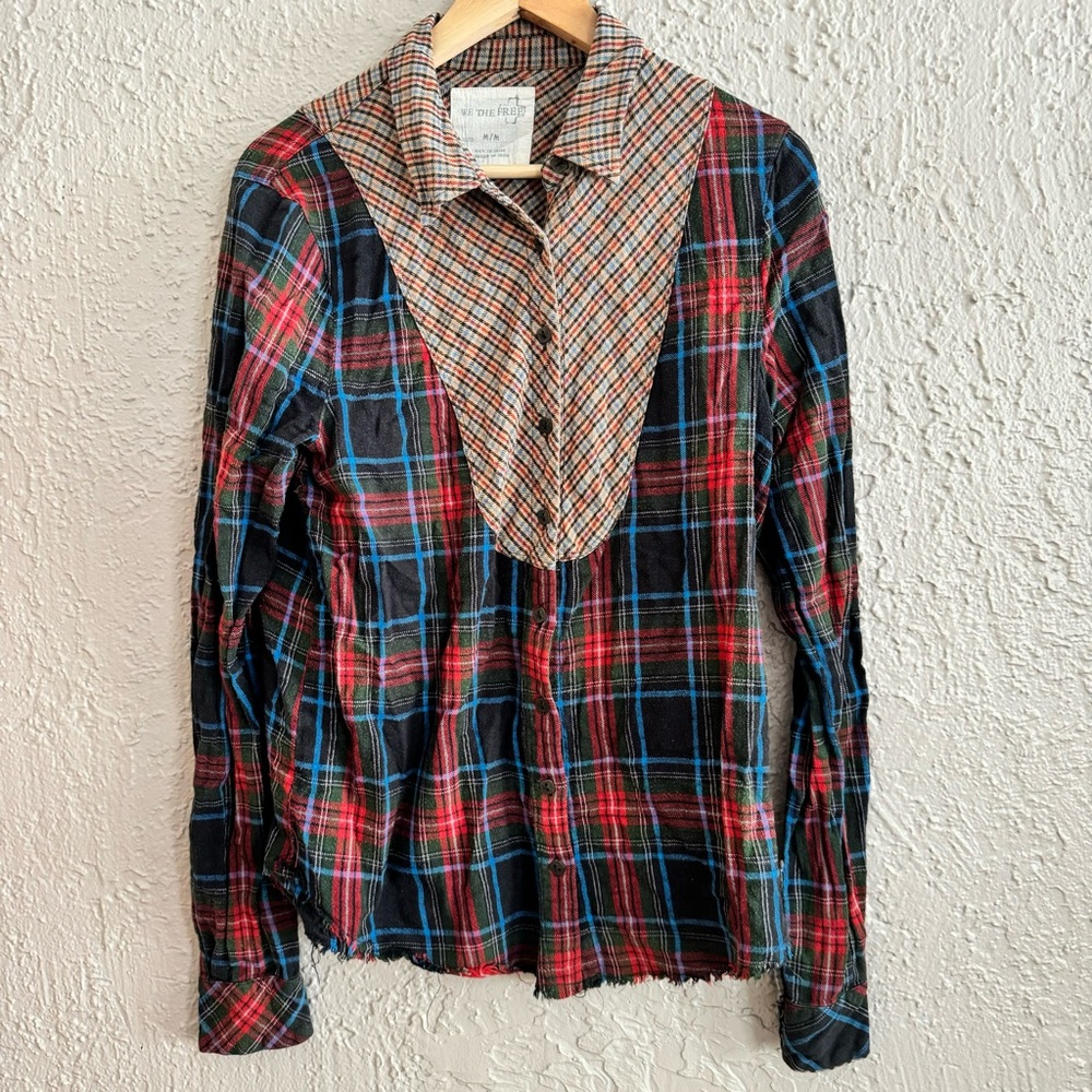 We The Free People Flannel Shirt Mixed Flannel Tweed Look Plaid Distressed